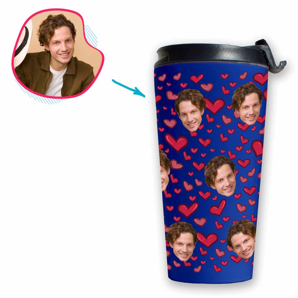 darkblue Heart travel mug personalized with photo of face printed on it