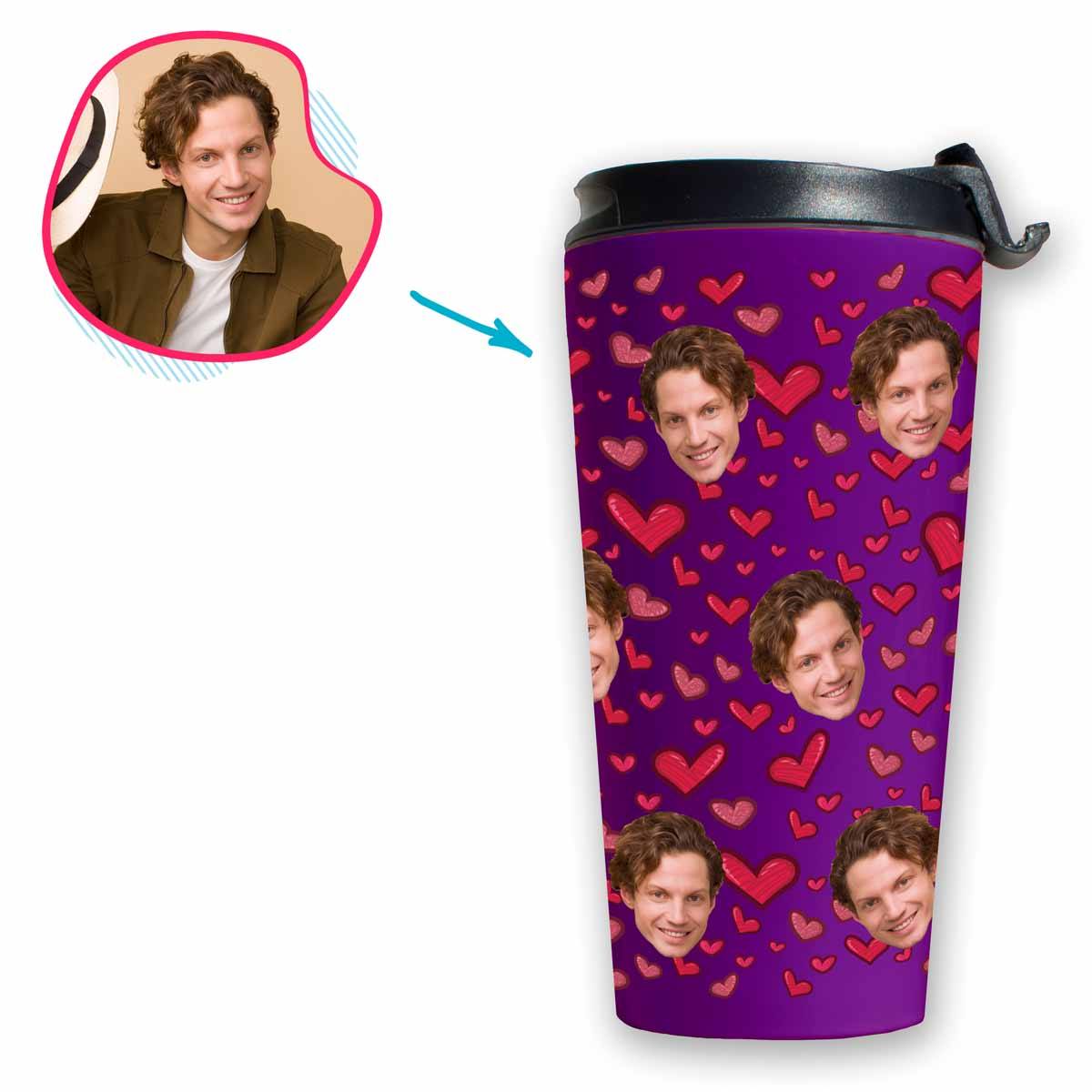 purple Heart travel mug personalized with photo of face printed on it
