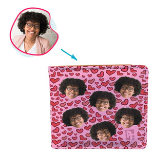 pink Heart wallet personalized with photo of face printed on it