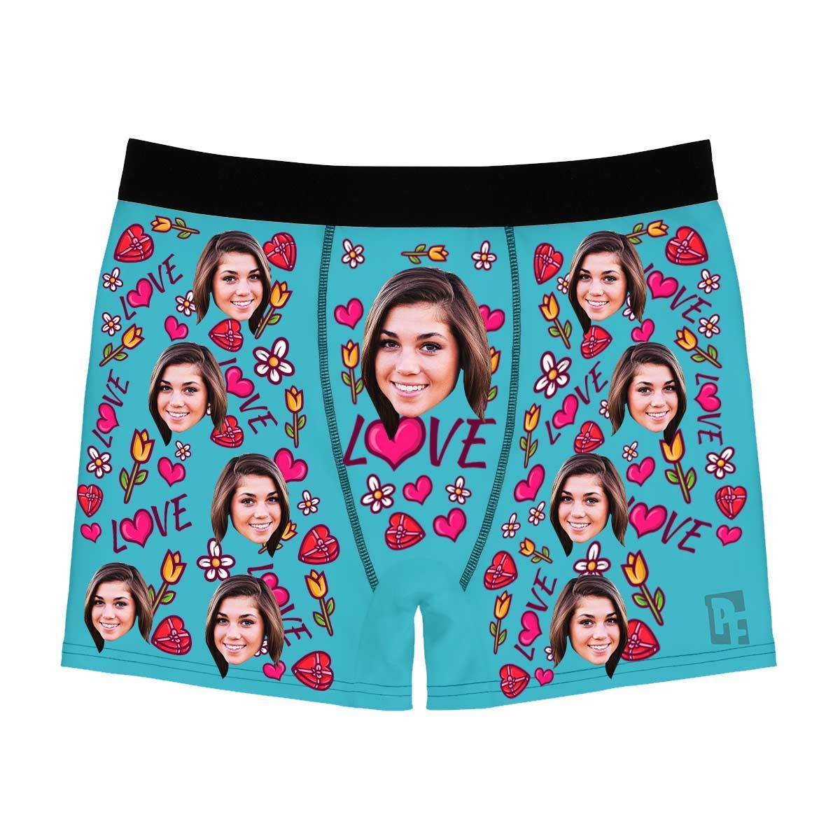 Blue Hearts and Flowers men's boxer briefs personalized with photo printed on them