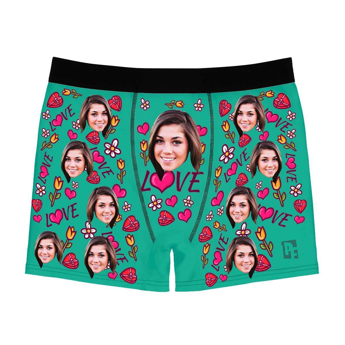 Mint Hearts and Flowers men's boxer briefs personalized with photo printed on them