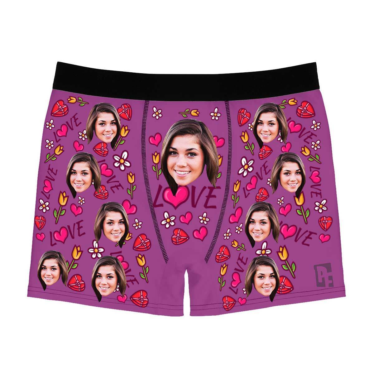 Purple Hearts and Flowers men's boxer briefs personalized with photo printed on them