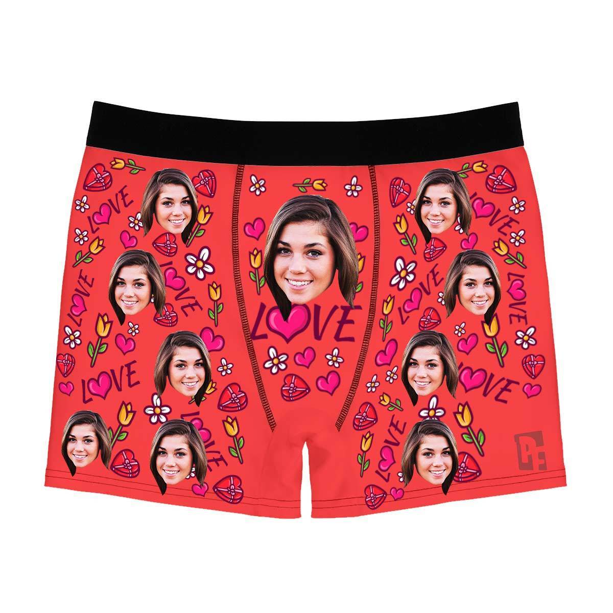 Red Hearts and Flowers men's boxer briefs personalized with photo printed on them