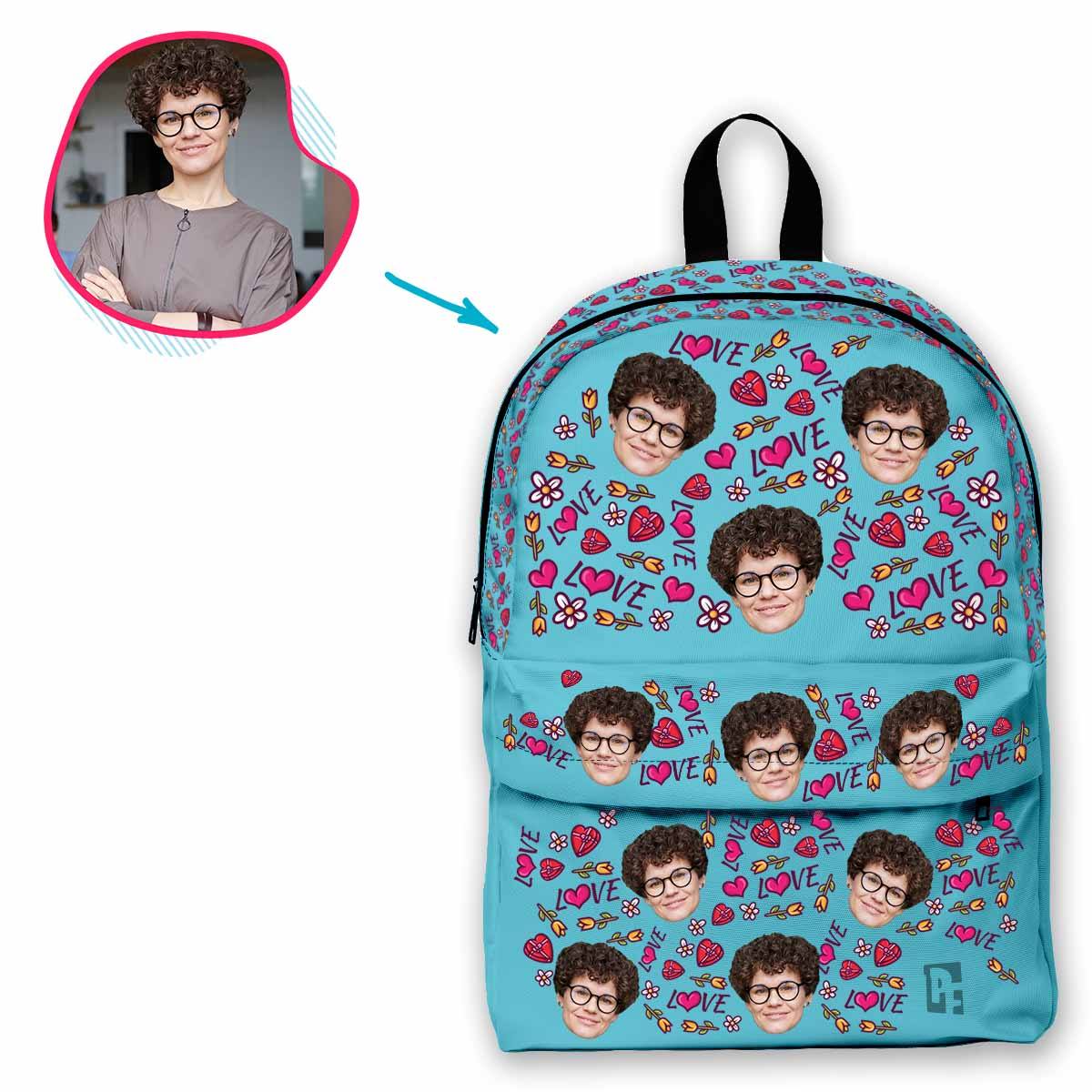 blue Hearts and Flowers classic backpack personalized with photo of face printed on it