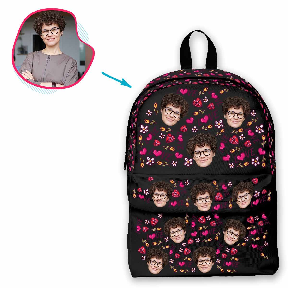 dark Hearts and Flowers classic backpack personalized with photo of face printed on it