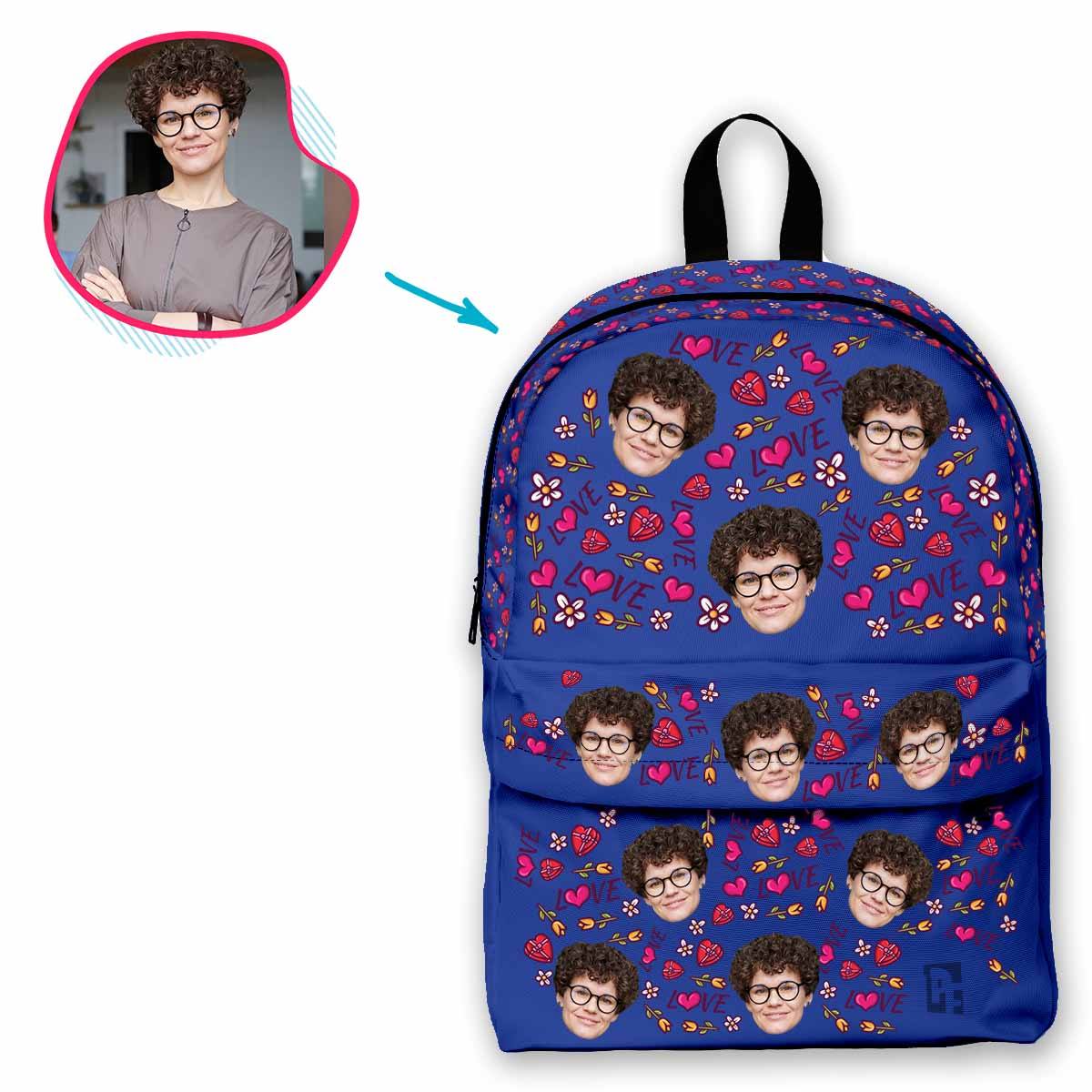 darkblue Hearts and Flowers classic backpack personalized with photo of face printed on it