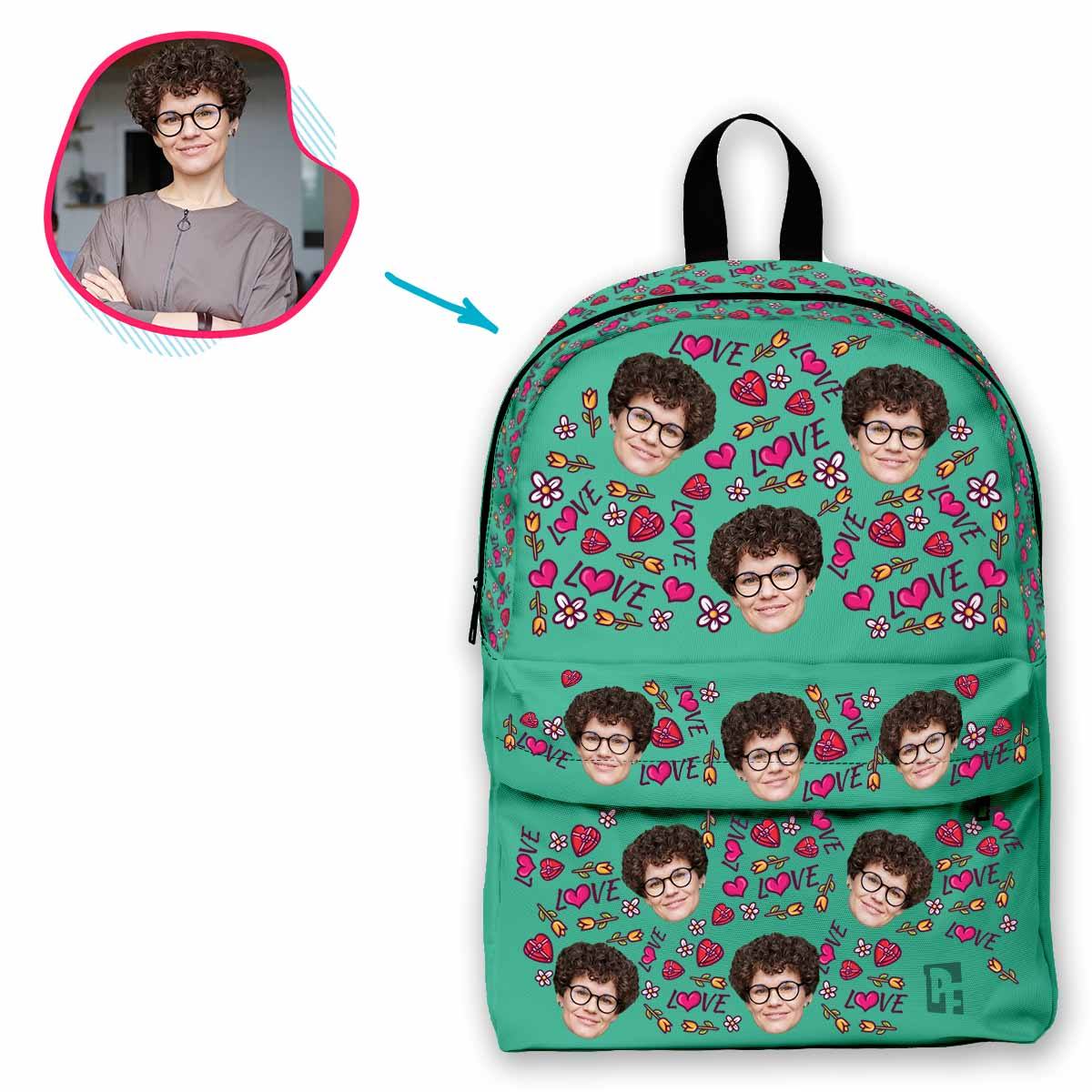 mint Hearts and Flowers classic backpack personalized with photo of face printed on it