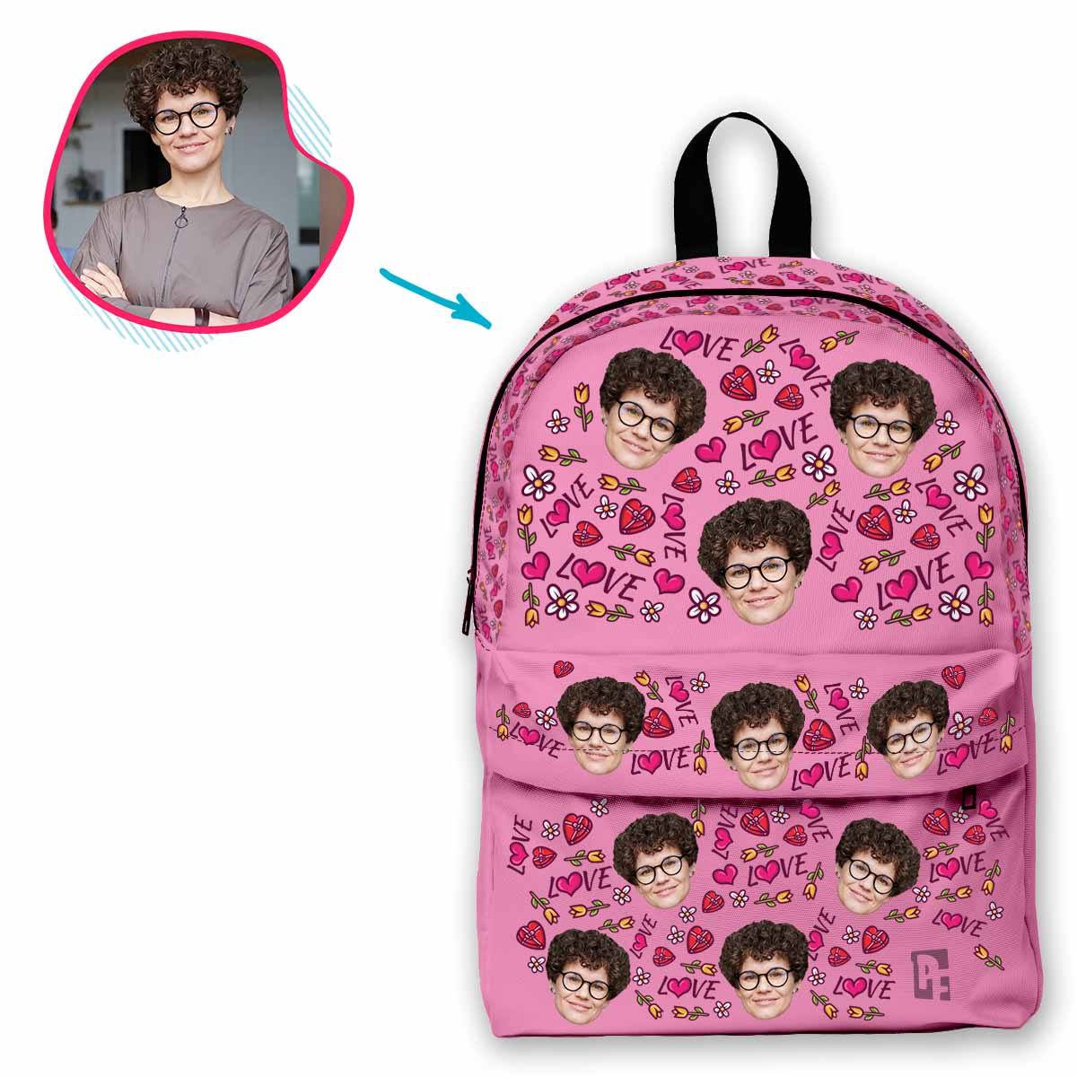 pink Hearts and Flowers classic backpack personalized with photo of face printed on it