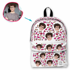 white Hearts and Flowers classic backpack personalized with photo of face printed on it