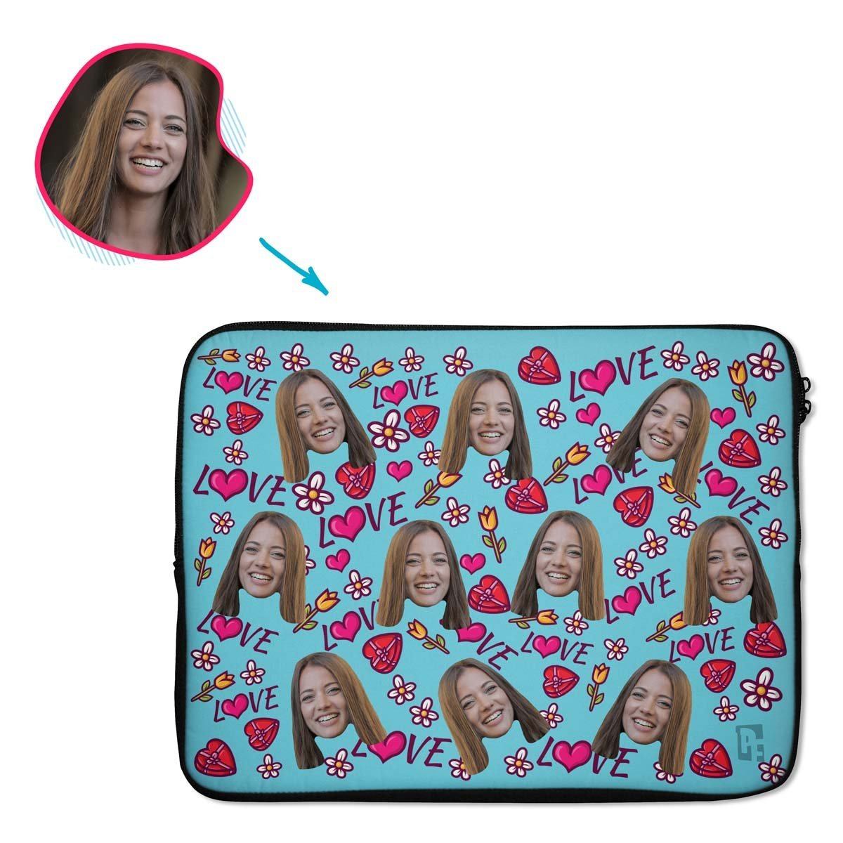 blue Hearts and Flowers laptop sleeve personalized with photo of face printed on them