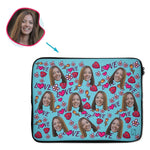Load image into Gallery viewer, blue Hearts and Flowers laptop sleeve personalized with photo of face printed on them
