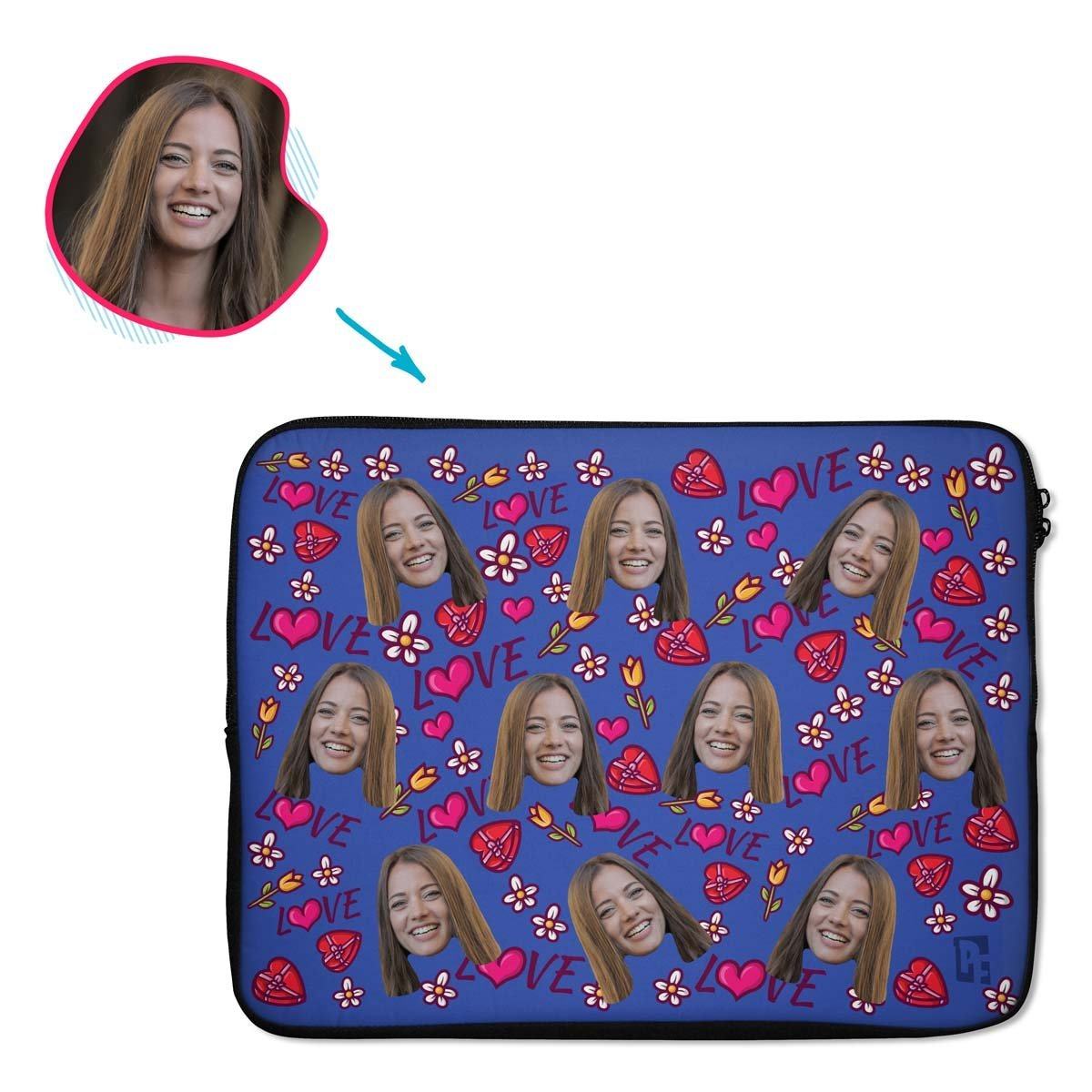darkblue Hearts and Flowers laptop sleeve personalized with photo of face printed on them
