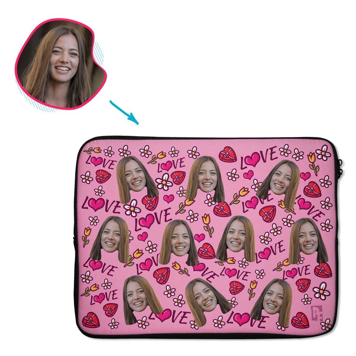 pink Hearts and Flowers laptop sleeve personalized with photo of face printed on them