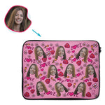 Load image into Gallery viewer, pink Hearts and Flowers laptop sleeve personalized with photo of face printed on them

