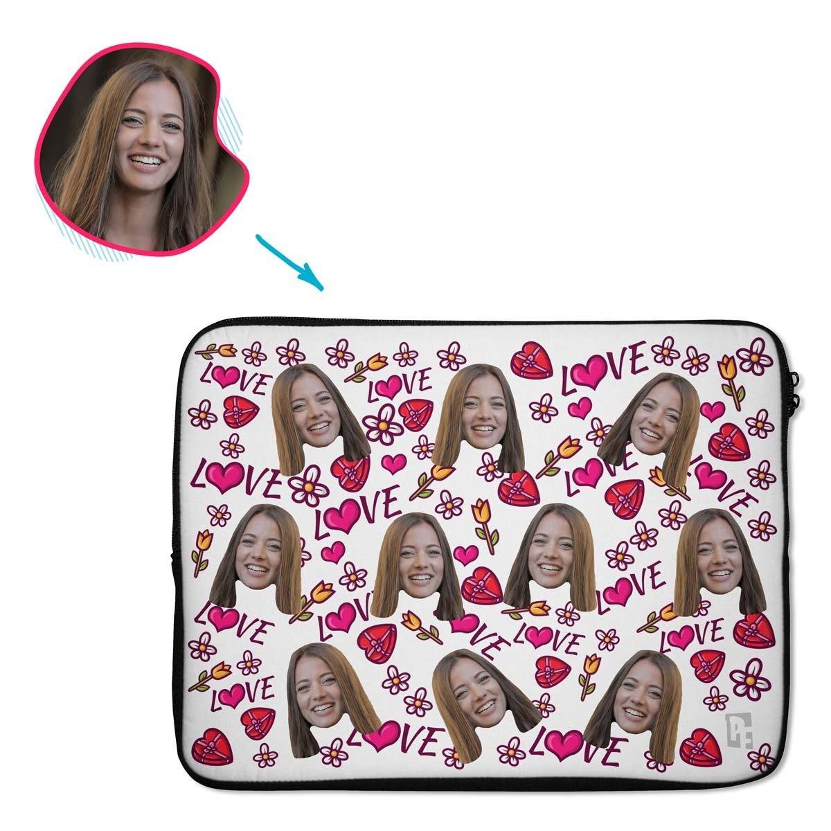 white Hearts and Flowers laptop sleeve personalized with photo of face printed on them