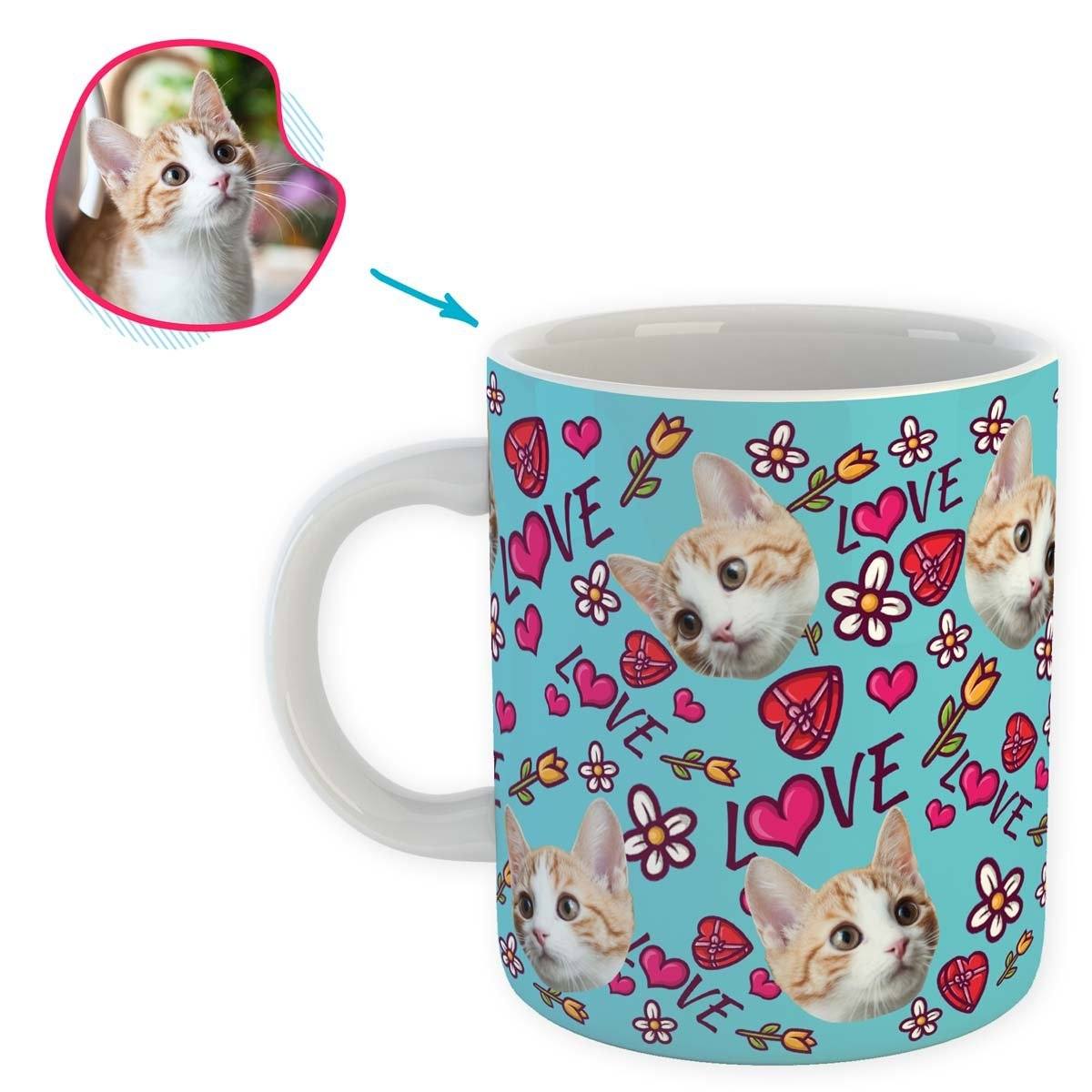 blue Hearts and Flowers mug personalized with photo of face printed on it