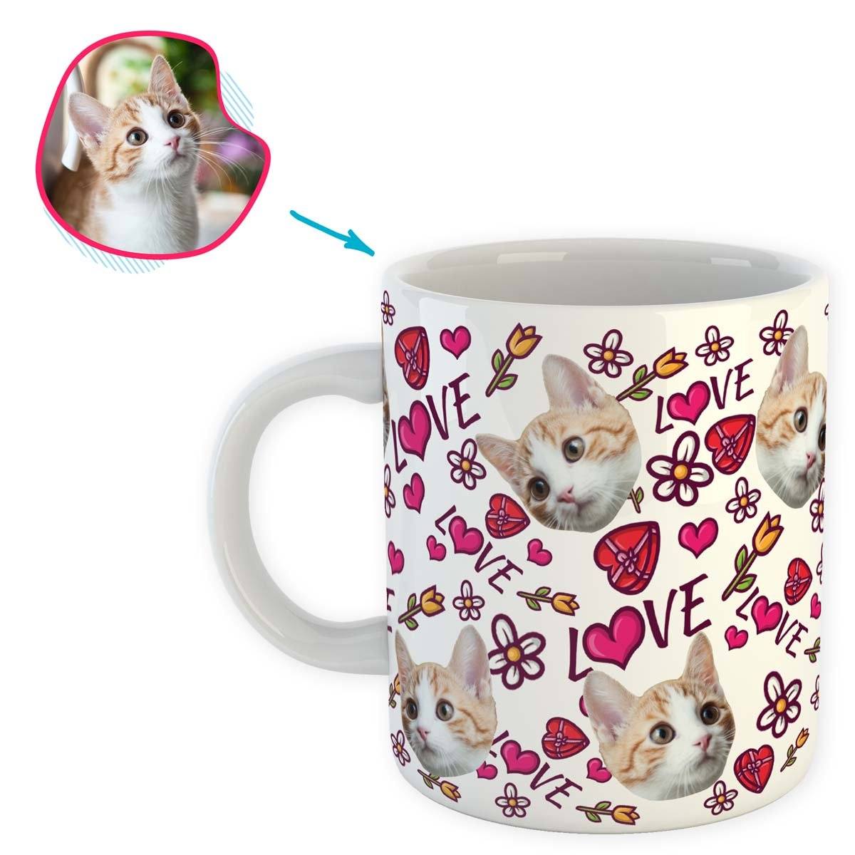 white Hearts and Flowers mug personalized with photo of face printed on it