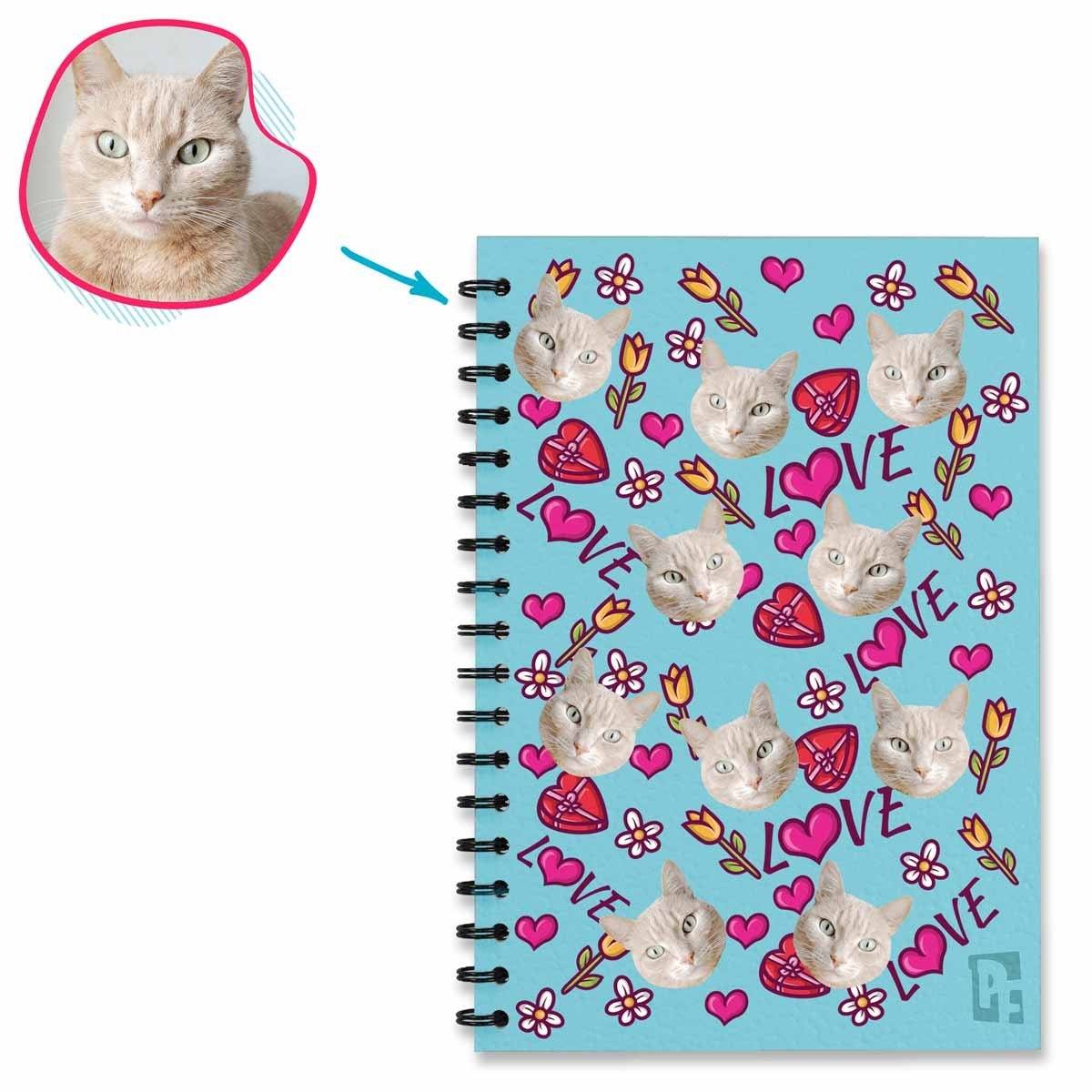 blue Hearts and Flowers Notebook personalized with photo of face printed on them