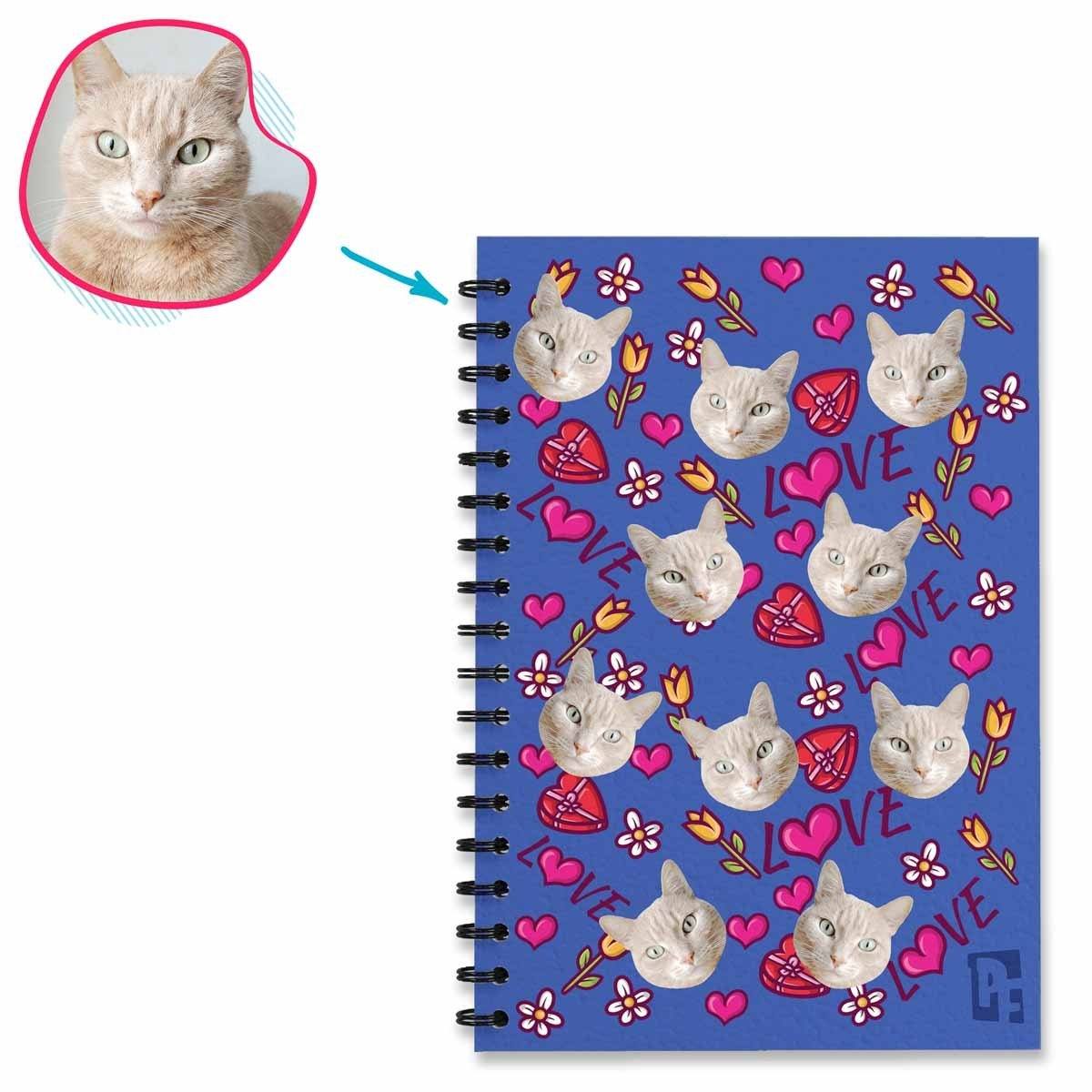 darkblue Hearts and Flowers Notebook personalized with photo of face printed on them