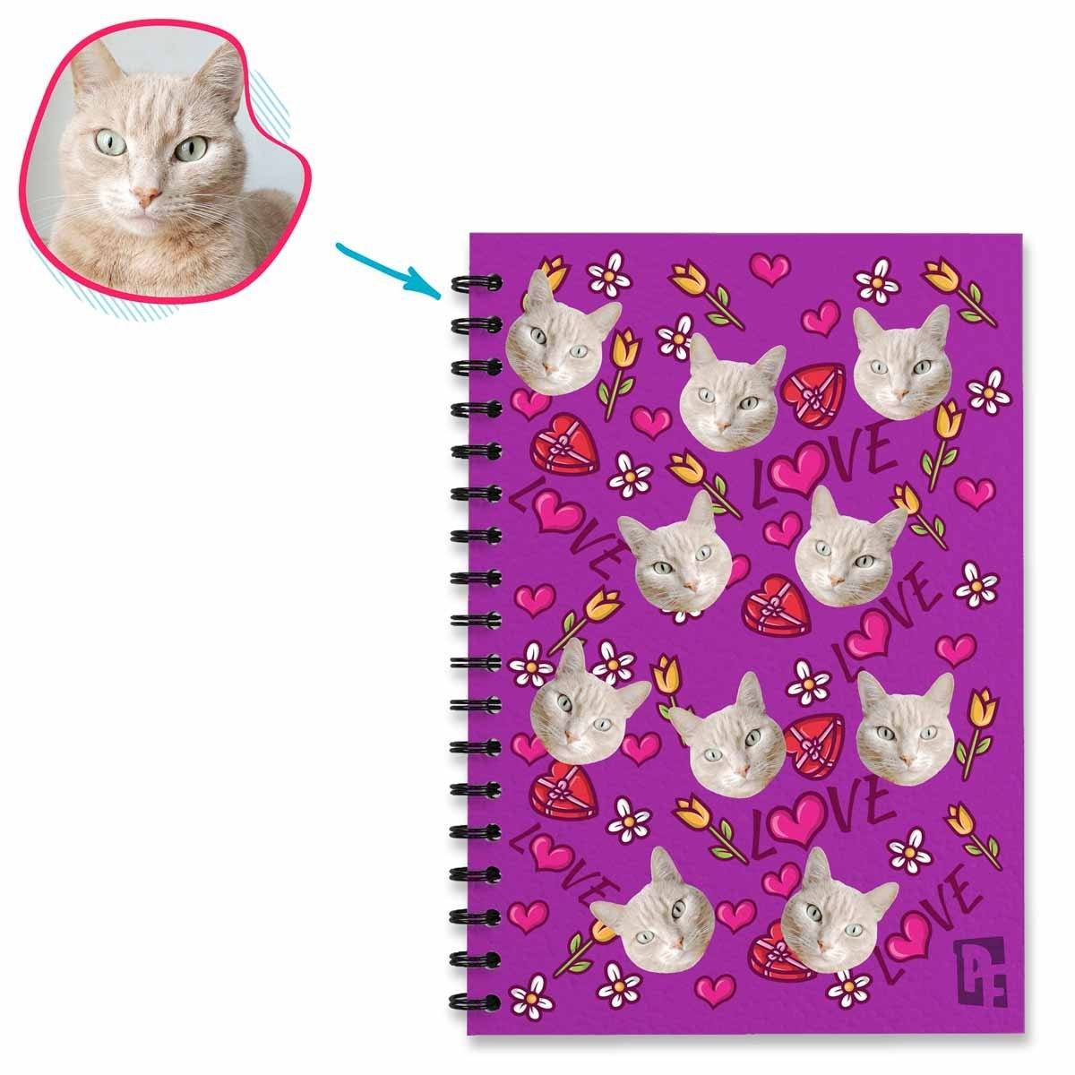 purple Hearts and Flowers Notebook personalized with photo of face printed on them