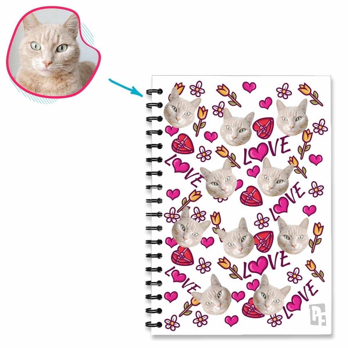 white Hearts and Flowers Notebook personalized with photo of face printed on them