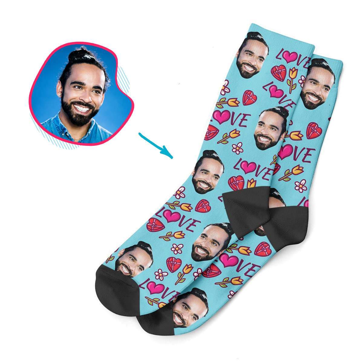 blue Hearts and Flowers socks personalized with photo of face printed on them