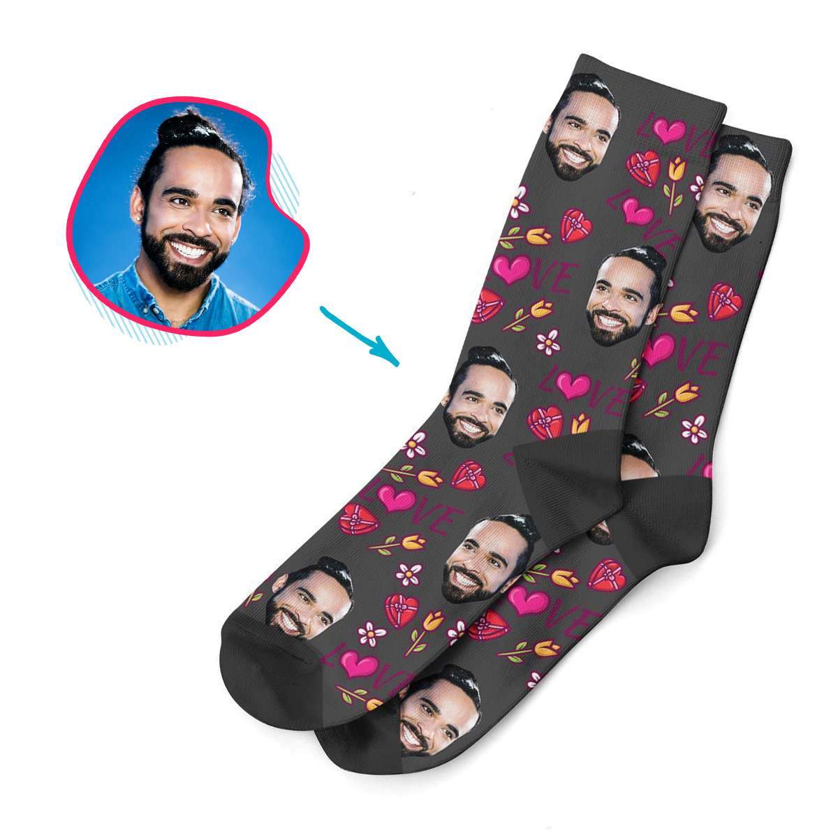 dark Hearts and Flowers socks personalized with photo of face printed on them