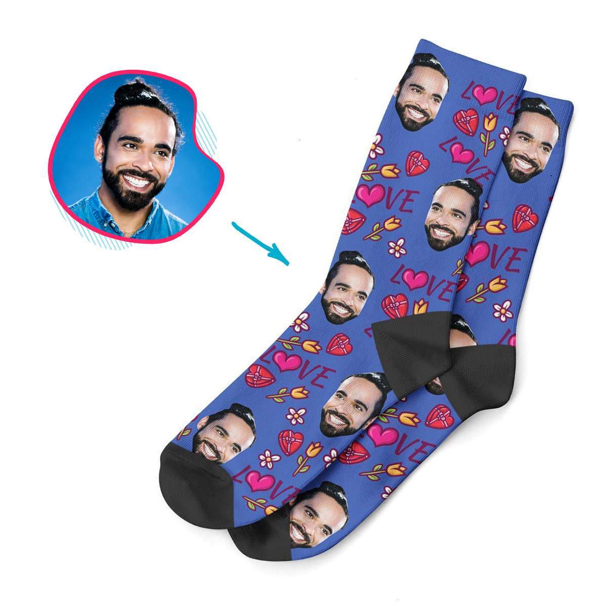 darkblue Hearts and Flowers socks personalized with photo of face printed on them
