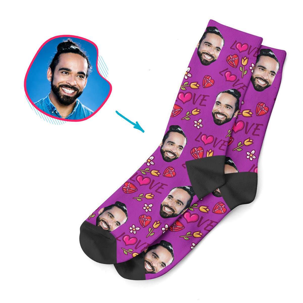 purple Hearts and Flowers socks personalized with photo of face printed on them