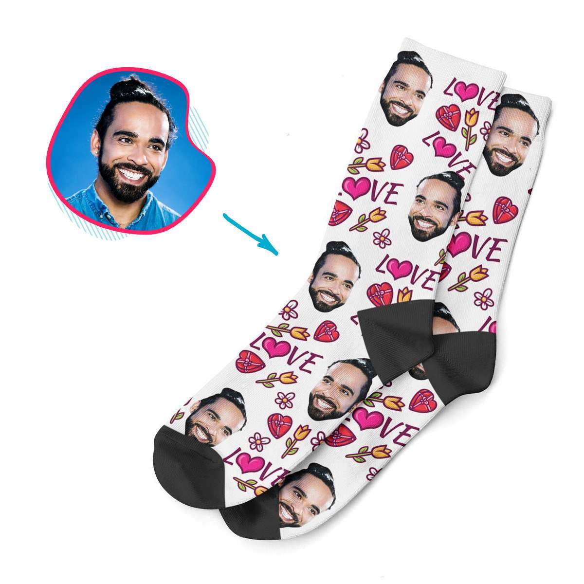 white Hearts and Flowers socks personalized with photo of face printed on them