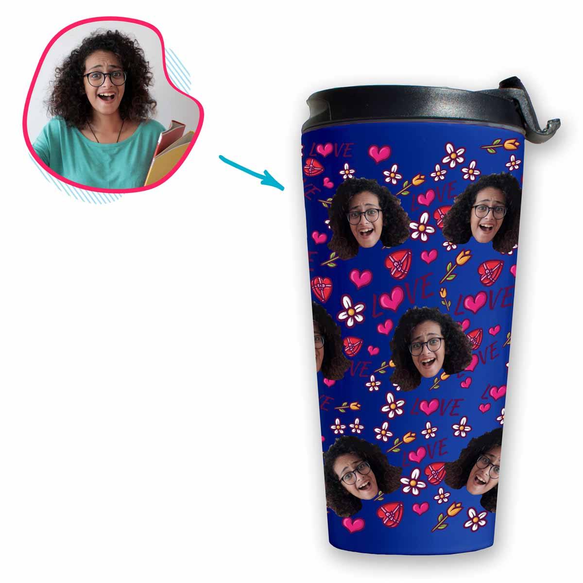 darkblue Hearts and Flowers travel mug personalized with photo of face printed on it