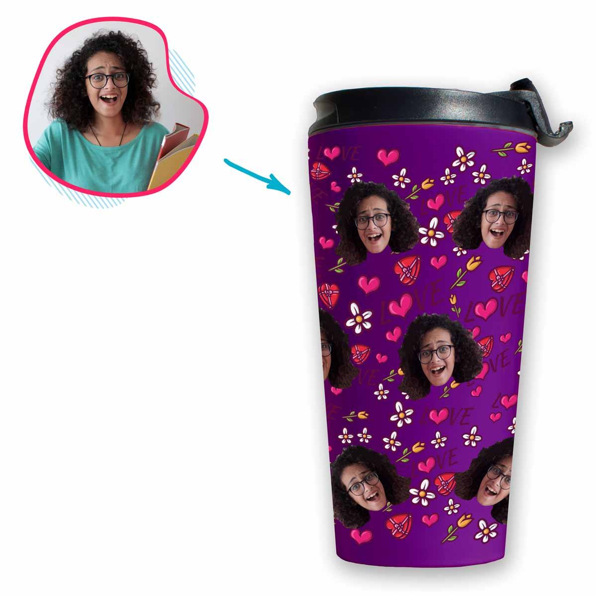 purple Hearts and Flowers travel mug personalized with photo of face printed on it