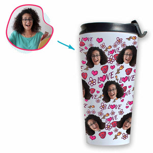 white Hearts and Flowers travel mug personalized with photo of face printed on it