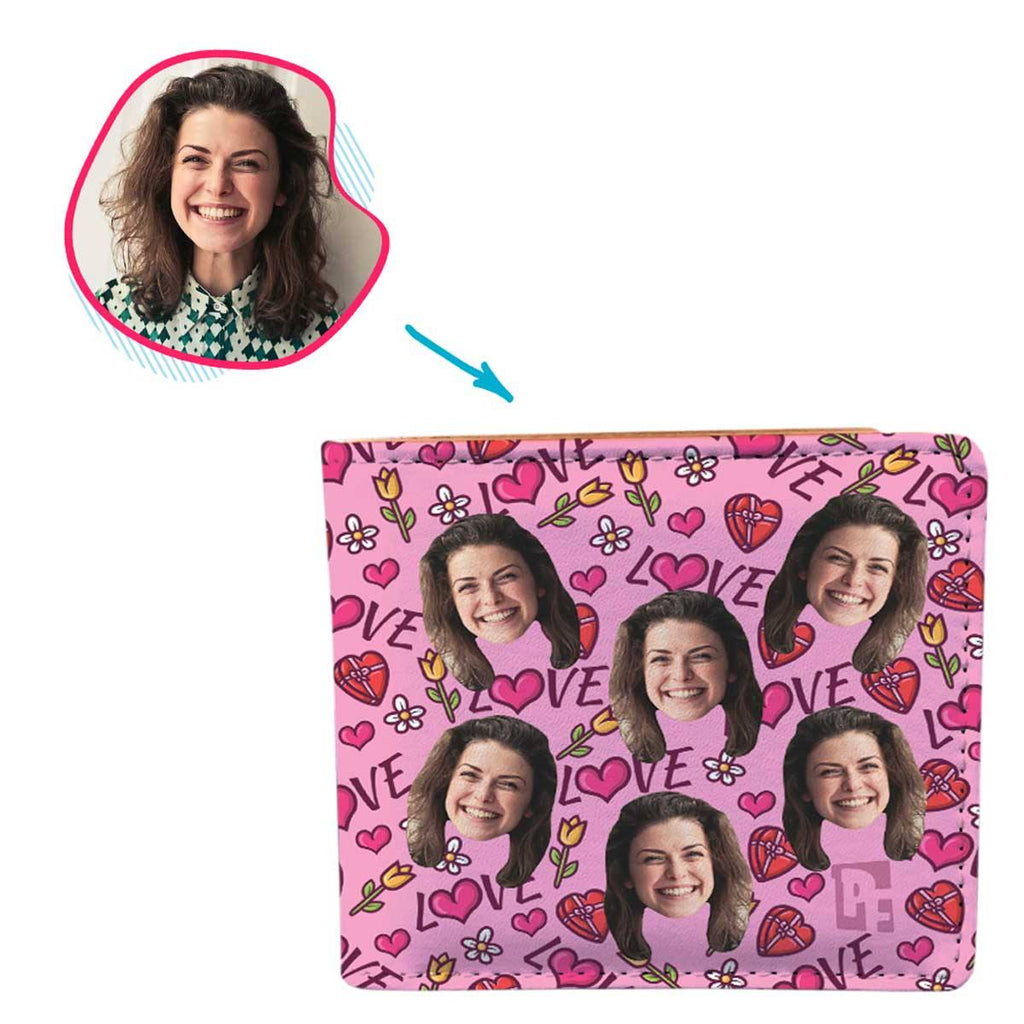 pink Hearts and Flowers wallet personalized with photo of face printed on it