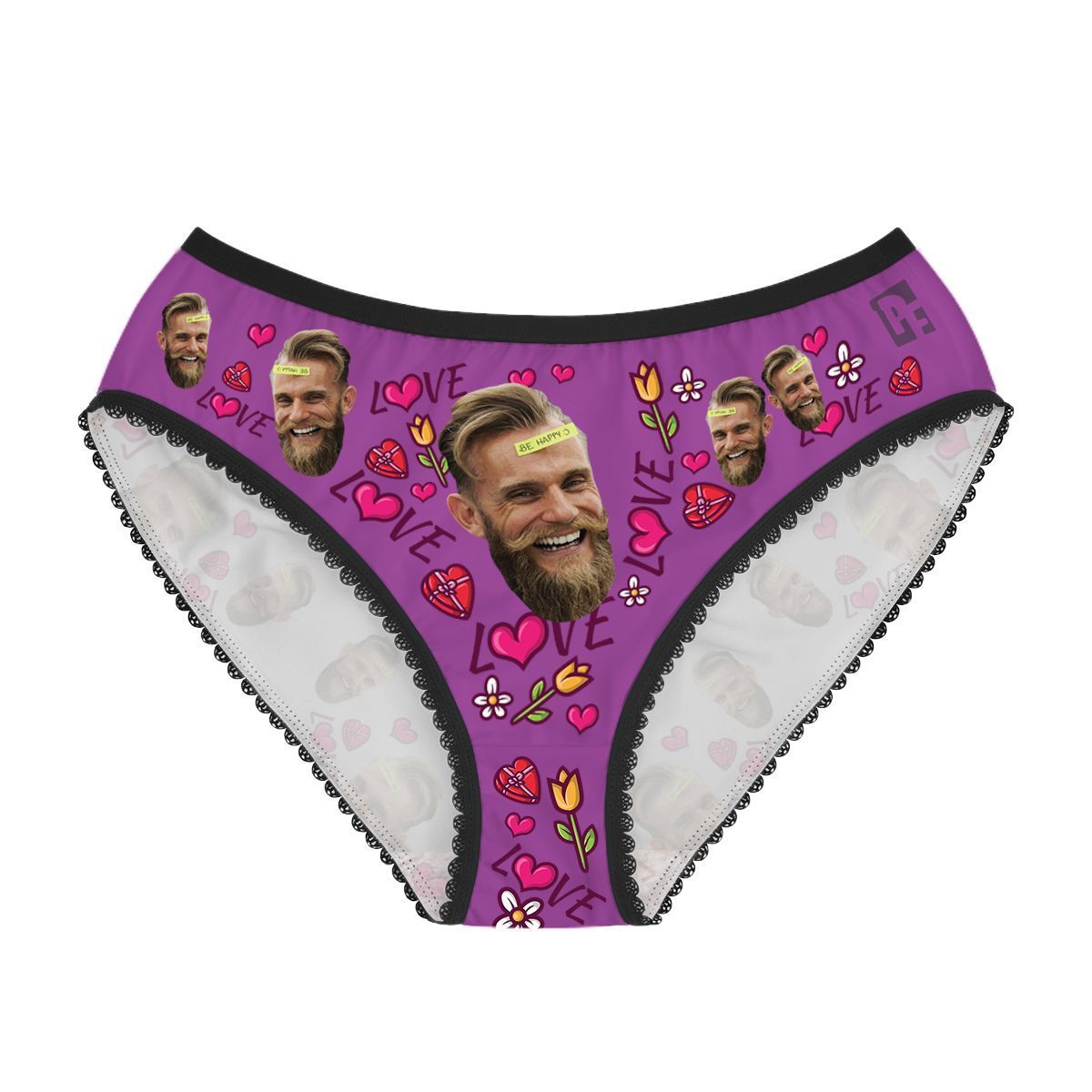 Purple Hearts and Flowers women's underwear briefs personalized with photo printed on them