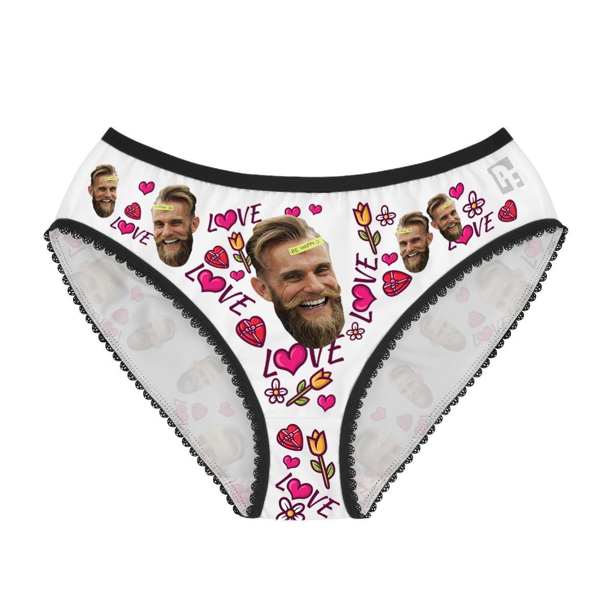 White Hearts and Flowers women's underwear briefs personalized with photo printed on them