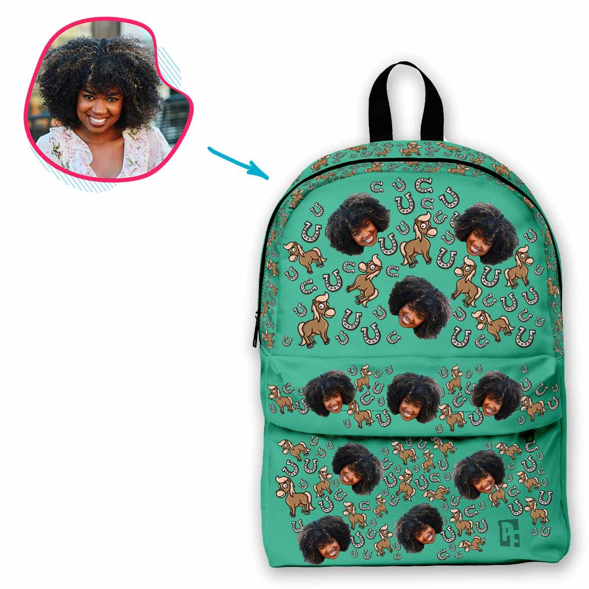 mint Horse classic backpack personalized with photo of face printed on it
