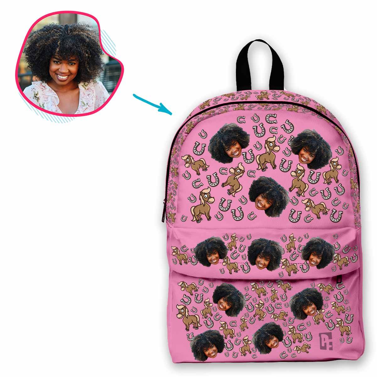 pink Horse classic backpack personalized with photo of face printed on it
