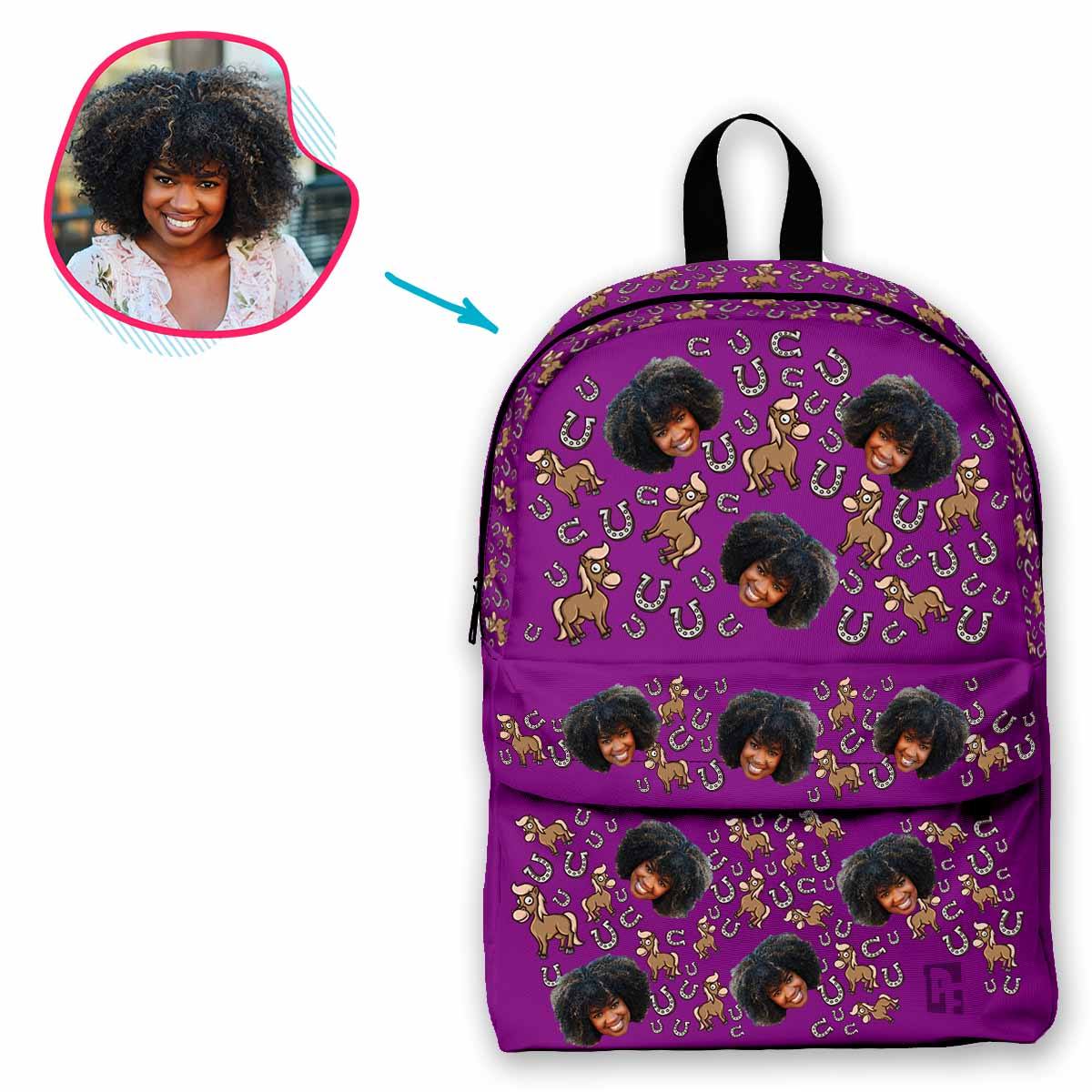 purple Horse classic backpack personalized with photo of face printed on it