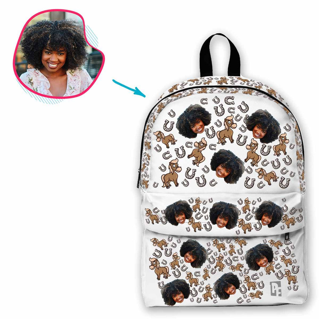 white Horse classic backpack personalized with photo of face printed on it