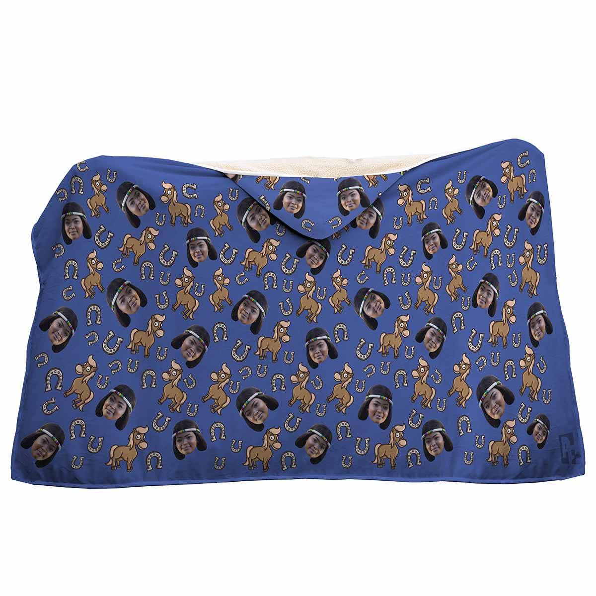 darkblue Horse hooded blanket personalized with photo of face printed on it