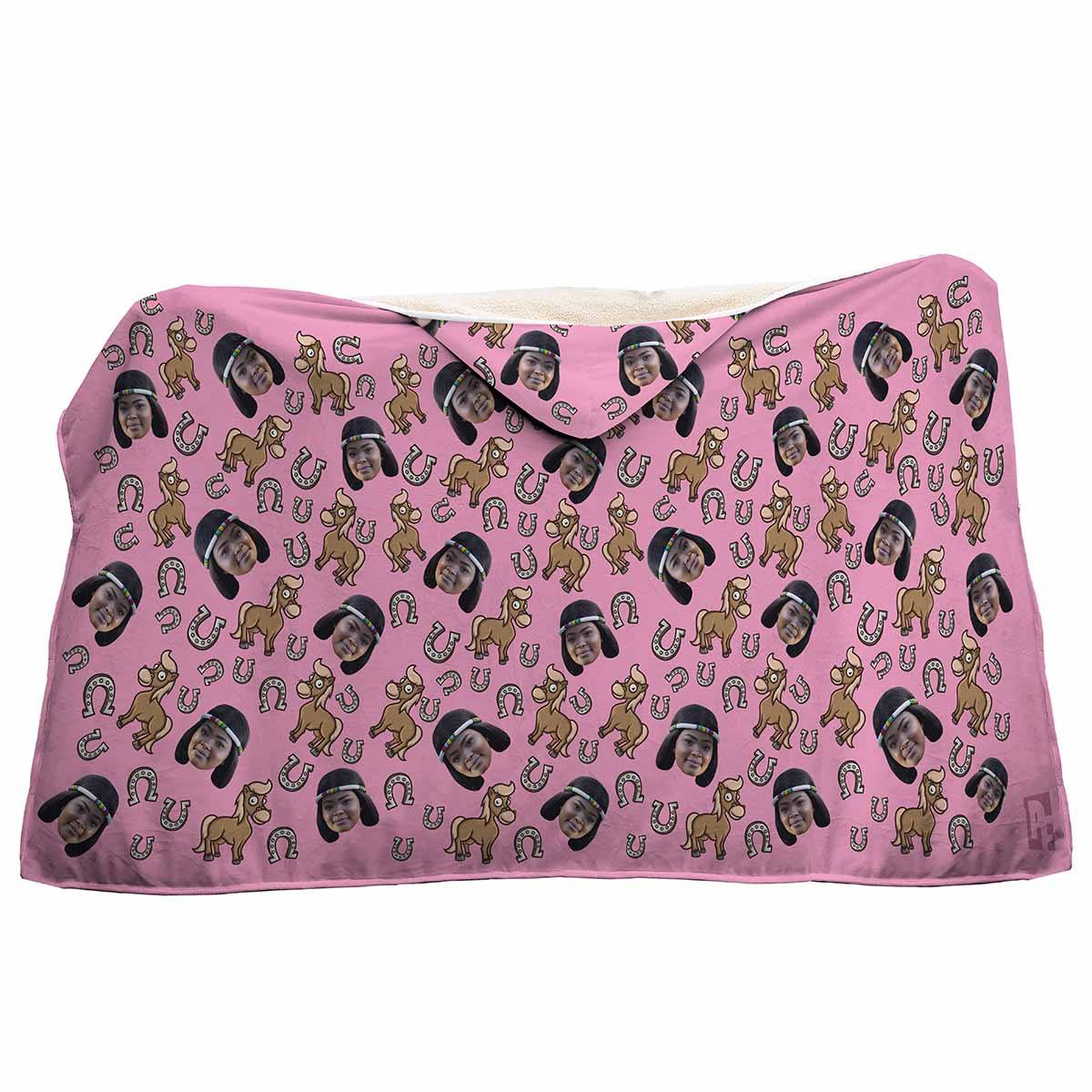pink Horse hooded blanket personalized with photo of face printed on it