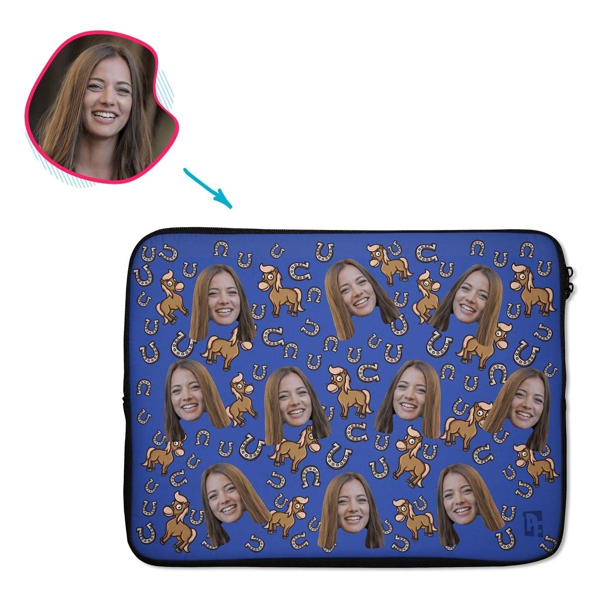 darkblue Horse laptop sleeve personalized with photo of face printed on them