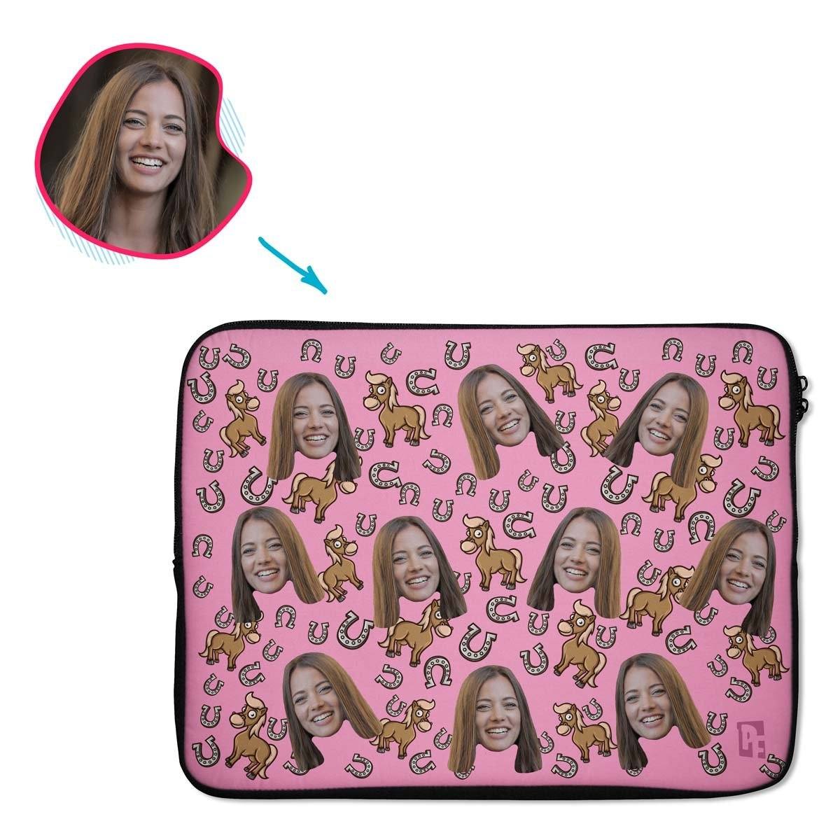 pink Horse laptop sleeve personalized with photo of face printed on them