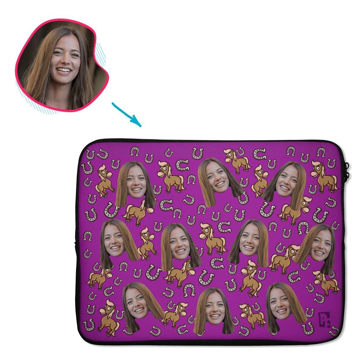 purple Horse laptop sleeve personalized with photo of face printed on them