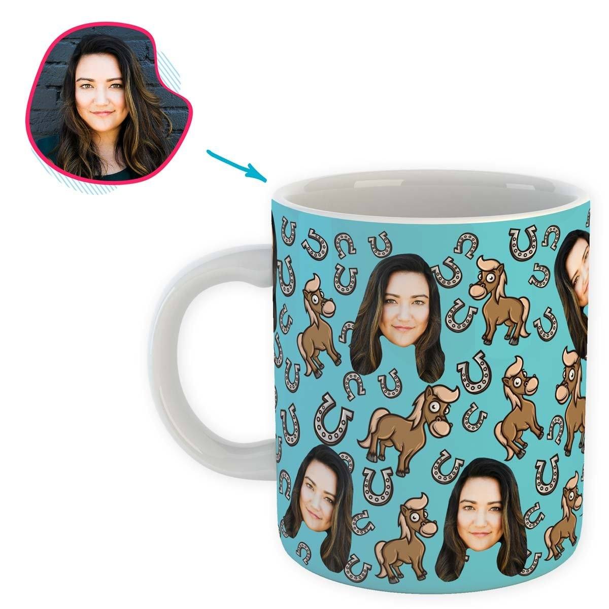 blue Horse mug personalized with photo of face printed on it
