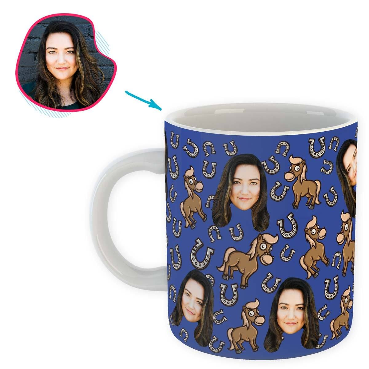darkblue Horse mug personalized with photo of face printed on it