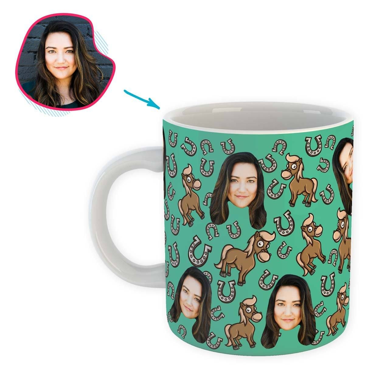 mint Horse mug personalized with photo of face printed on it
