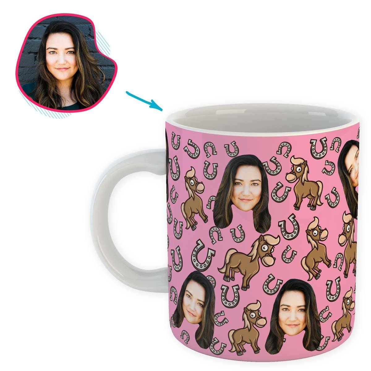 pink Horse mug personalized with photo of face printed on it