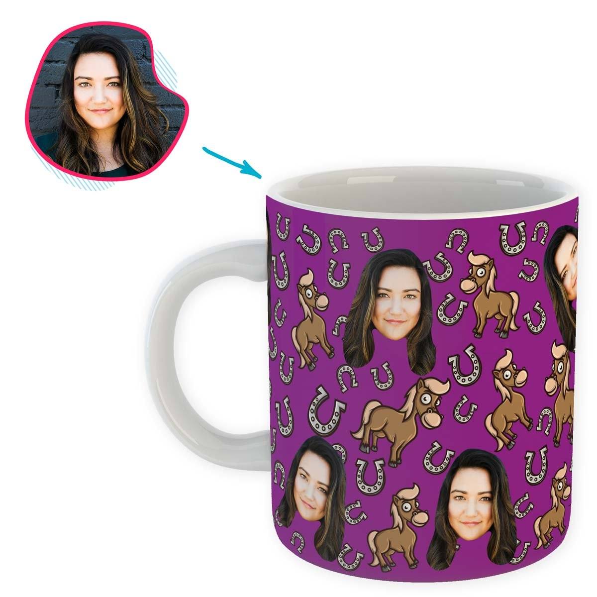 purple Horse mug personalized with photo of face printed on it